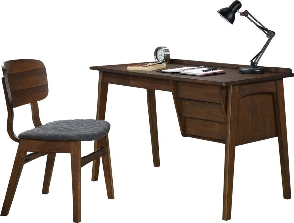 Computer Desk, Modern Contemporary Solid Rubberwood 1pc Writing Desk of 3X Drawers and Wood Framed Chair Gray Walnut Finish Furniture